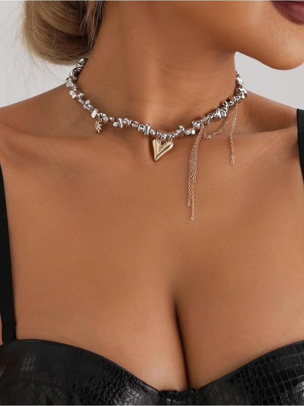 Silver and Gold Heart Pendant Mixed Color Choker Necklace